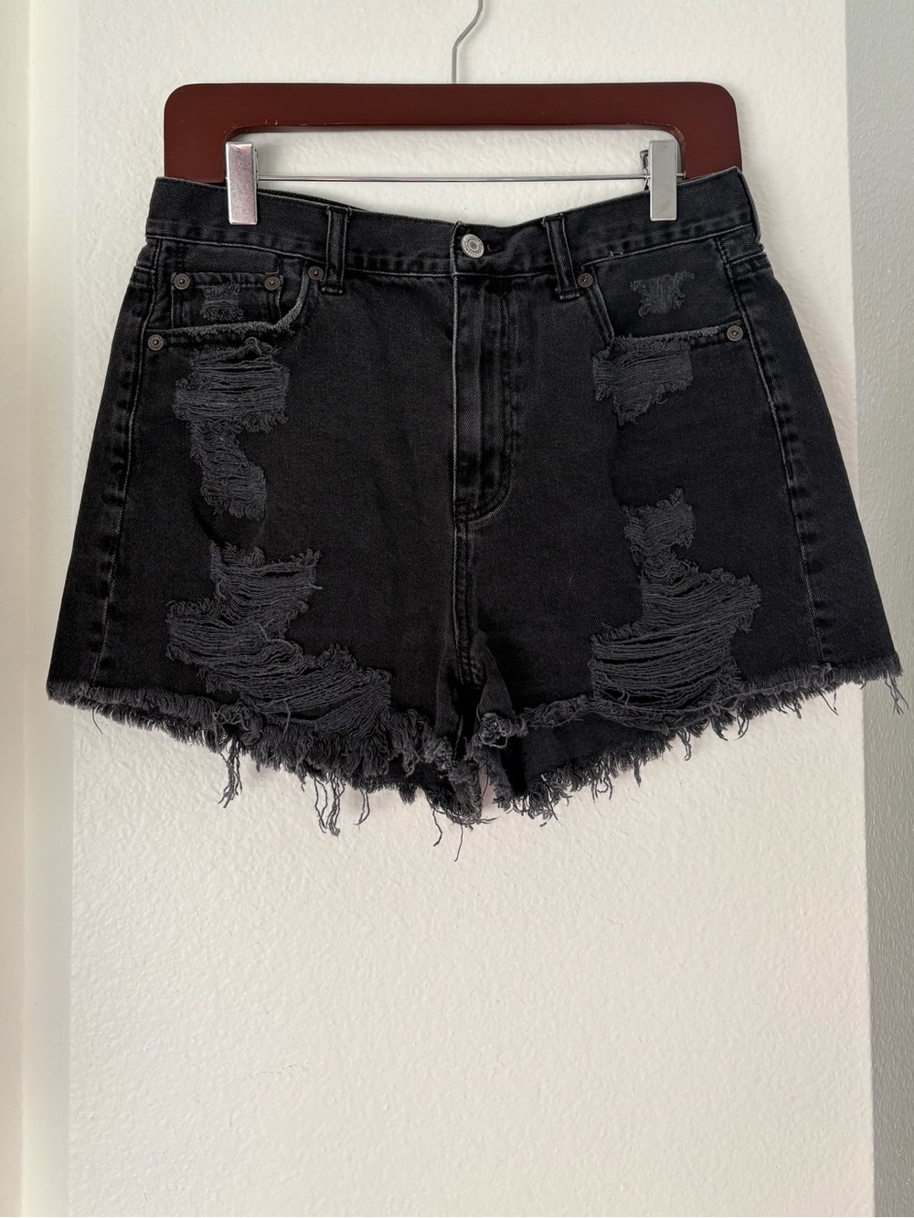 High-Rise Black Distressed Denim Shorts